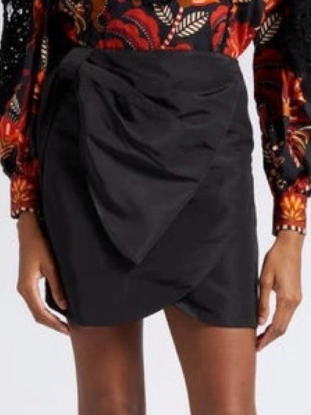 FARM Rio Black Draped Wrap-Front Mini Skirt